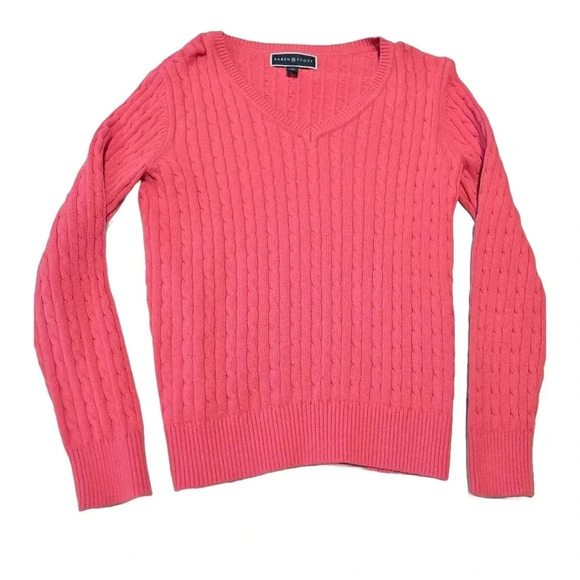 Women's Cable Knit V-Neck Sweater - Vibrant Pink, Size xs - Picture 11 of 13